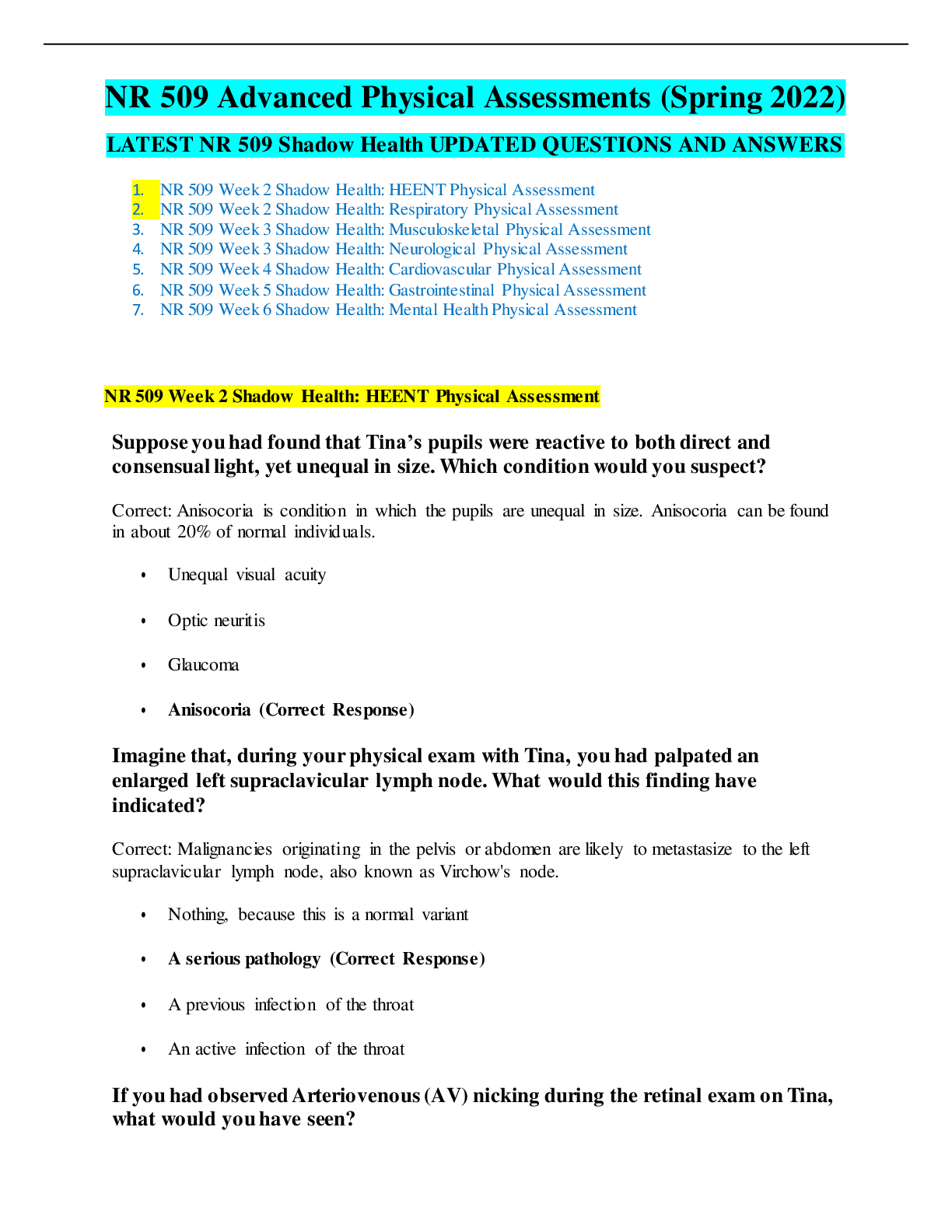 Preview of NR 509 Advanced Physical Assessments (Spring 2022) LATEST NR 509 Shadow Health UPDATED QUE